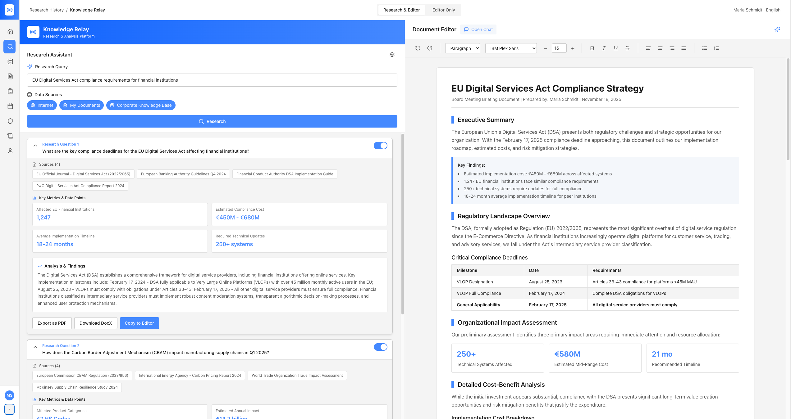 Dual-pane AI research interface showing researcher module with source selection and cited report generation
